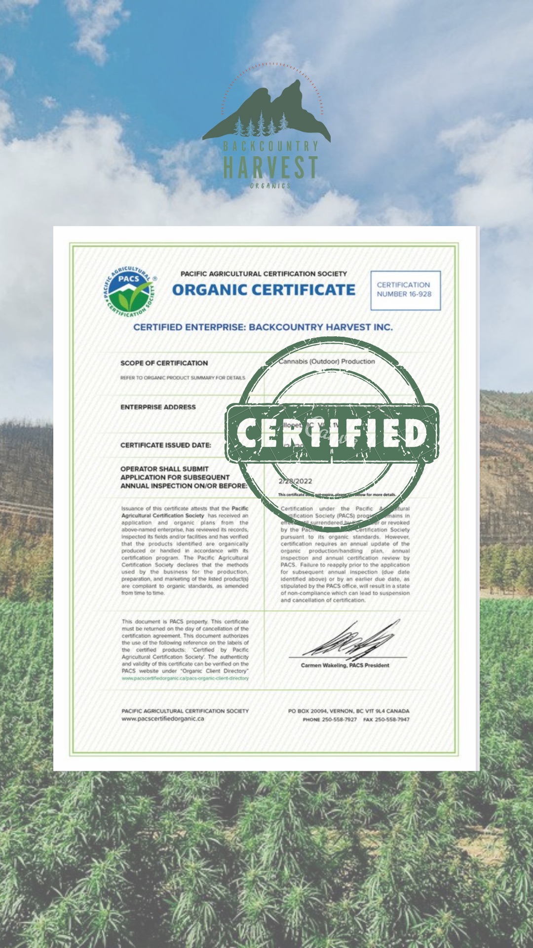 BCH is certified ORGANIC!